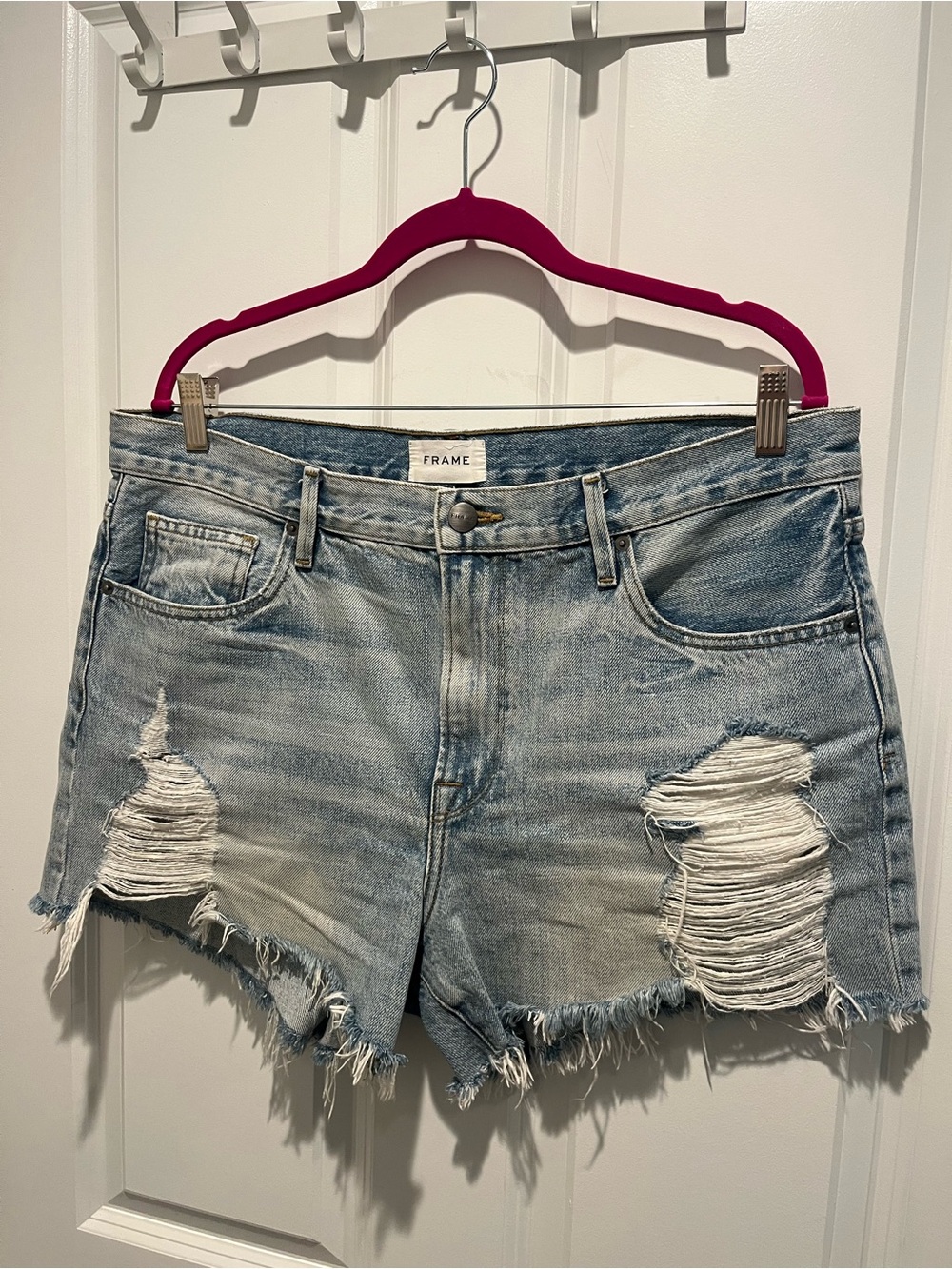 Frame Denim Light Blue Wash Distressed High Rise Shorts Size 29